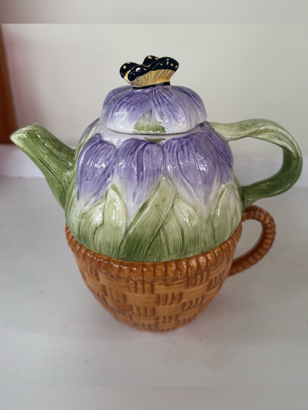 Vintage Ceramic Floral Basket Teapot - Purple and Green